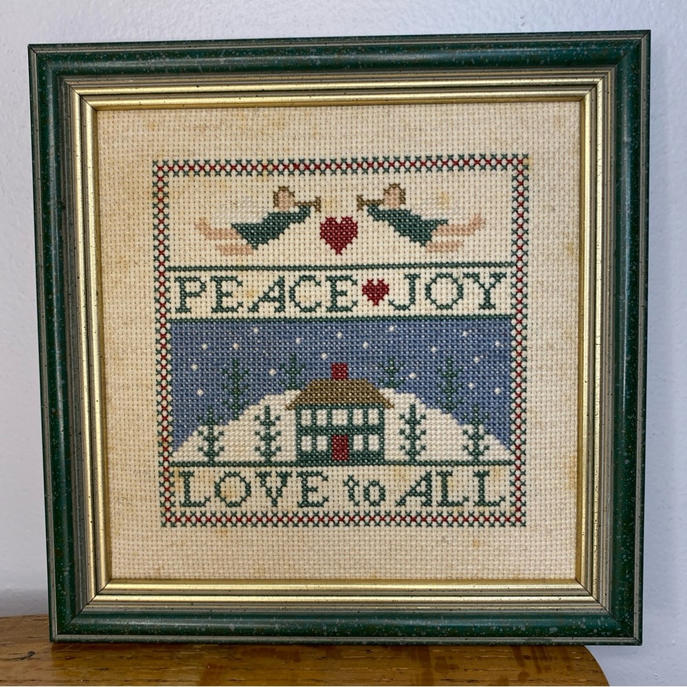 Vntg Christmas Framed W/ Hanger Cross Stitch Needlepoint 8x8 Peace love joy